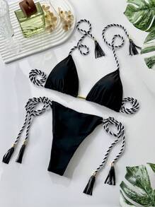 SHEIN Swim Summer Solid Color Simple Triangle Cup Black & White Woven Tie Tassel Two-Piece Bikini Set - Black - View 2