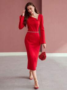 MOTF PREMIUM VESTIDO CORTE BIES CON MANGAS ACAMPANADAS - Rojo - Ver 3