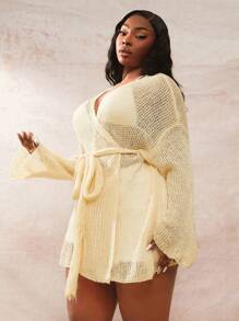 SHEIN SXY Suéter de cárdigan de manga larga de punto con cinturón (incluido el cinturón) para mujer de talla grande, versátil para primavera y otoño - Albaricoque - Ver 3