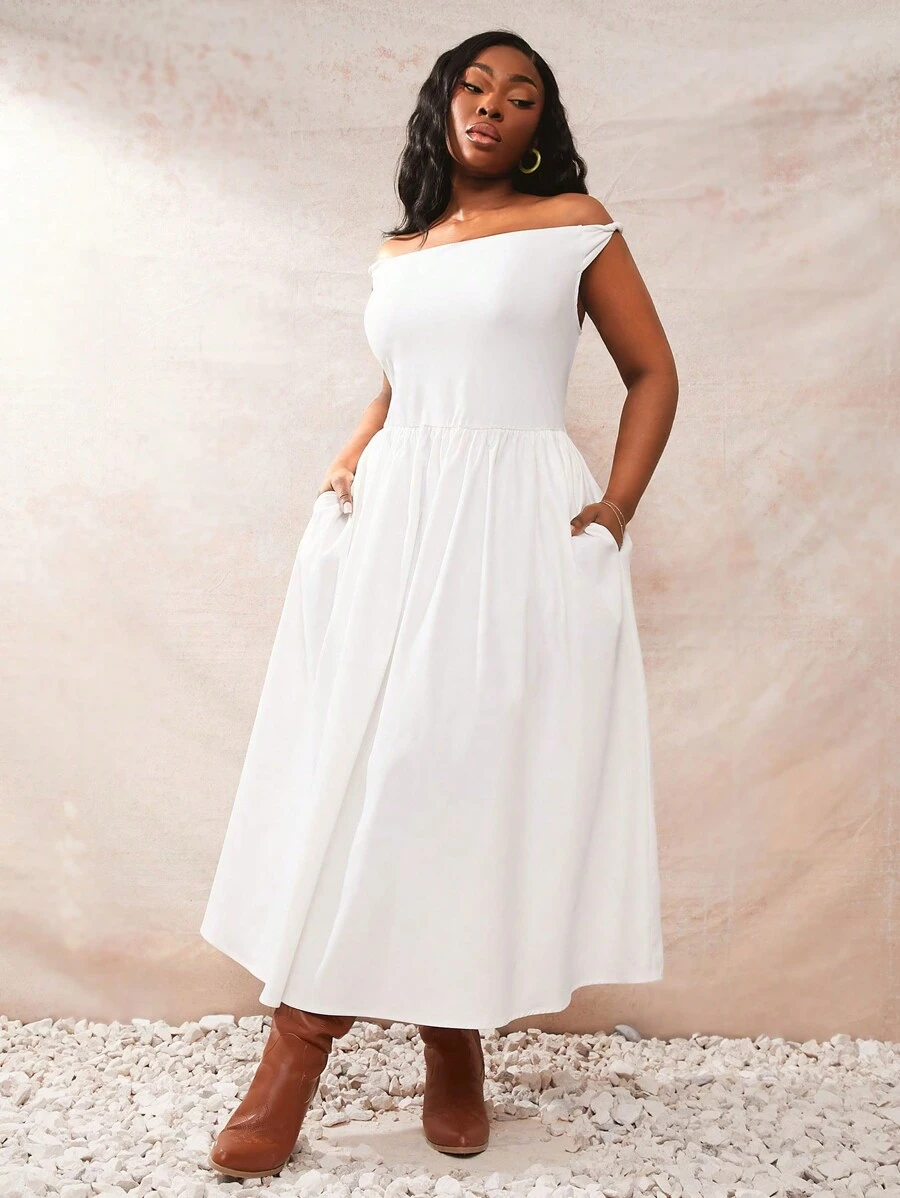 SHEIN SXY 大码女装 2025 春夏新款露肩亚麻编织 A 字型秋千连衣裙，后系带，带口袋 - 白色 - 查看 1