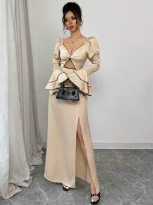 SHEIN Tall Elegant French Contrast Color Woven Double Layer Flared Sleeve Cross Front Design Dress For Women, Autumn/Winter - Multicolor - View 3