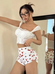 SHEIN EZwear Women's Elastic Waist Side Ruched Cherry Print Casual Shorts - Red and White - View 4