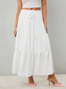 SHEIN Tall 女士纯色高腰系带荷叶边下摆长裙