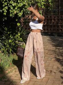 DAZY Pantalones rectos informales para mujer con estampado floral diminuto, adecuados para vacaciones en la playa - Beis - Ver 7