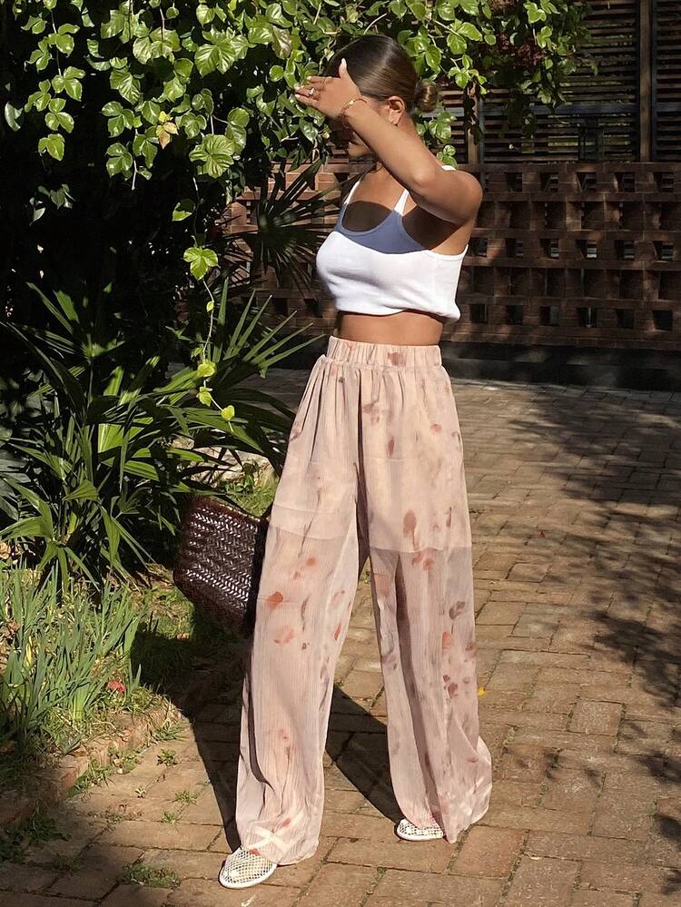 Women's Straight Leg Casual Pants With Ditsy Floral, Suitable For Beach Vacation