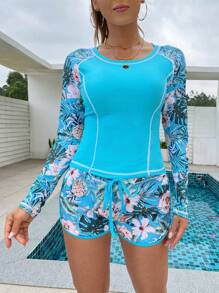 Swim SPRTY Conjunto de 2 piezas para verano: Top de bikini con estampado floral y camiseta sin mangas - Azul - Ver 4