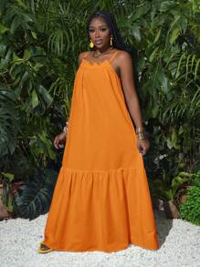 Slaydiva 度假优雅宽松细肩带露背多层拼接女式连衣裙，M 码