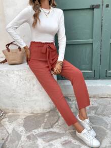 SHEIN Frenchy Women's Fall Tie-Up Bow Ruffle Striped Flared Pants Christmas Winter - Redwood - View 6