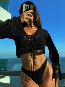 Women Beach Vacation Elegant Fitted Cardigan With Flare Sleeves And Tie-Up Waist To Swimsuit Top For Summer Beach Vacation - Black - View 3