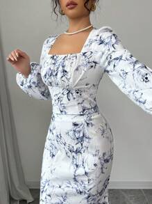 Modelyn 2 件套女士花卉印花灯笼袖上衣和鱼尾裙套装 - 藍色 - 查看 3
