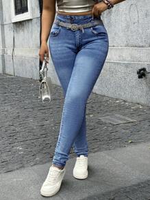 Women's Pocketed Skinny Casual Stretch Buttoned Denim Jeans - 淺藍色 - 查看 5