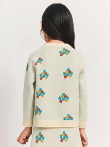 SHEIN Suéteres de manga larga con cuello redondo y estilo raglan con estampado floral colorido para niñas jóvenes - Beis - Ver 2
