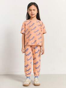 SHEIN Young Girls "Young Girls" Letter Print Loose Fit Dropped Shoulder Round Neck T-Shirt And Elastic Waist Ankle Length Pants Sets, Casual Daily Wear, Spring