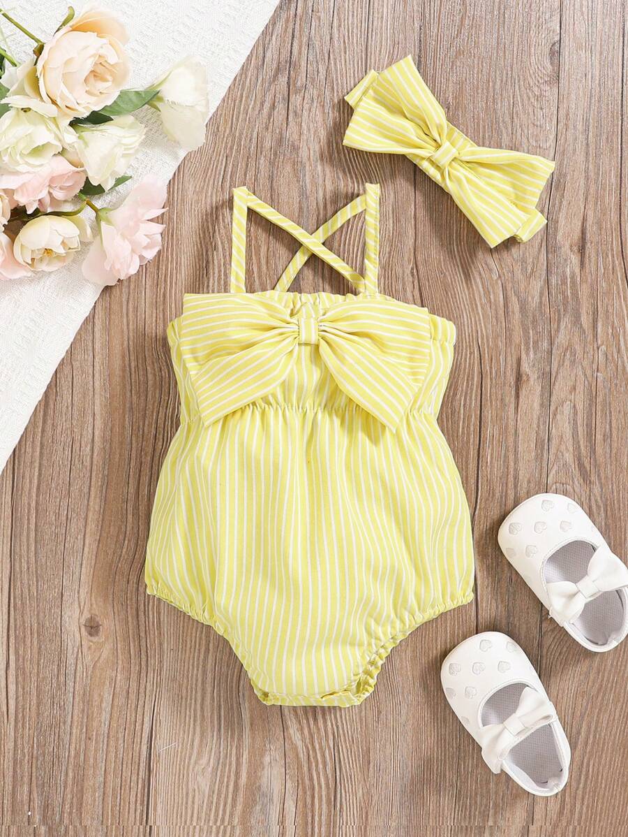 SHEIN Vintaside Kids 2 件套女婴时尚可爱条纹露肩连体衣和头带套装，夏日派对 - 黃色 - 查看 1
