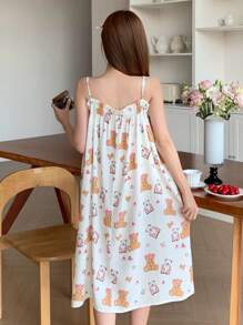 DAZY Cute Bear Pattern Full Print Loose Spaghetti Strap Nightgown Pajama - Apricot - View 2