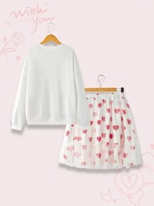 2pcs Teen Girl Long Sleeve Round Neck Top And Net Skirt Set - Multicolor - View 2