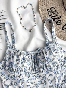 SHEIN Leap Crew Teen Girls , Elegant, Beach Vacation Holiday Strap Dress, Blue And White Color, Suitable For Spring/Summer, Valentine's Day, Clean Girl Style - Blue and White - View 4