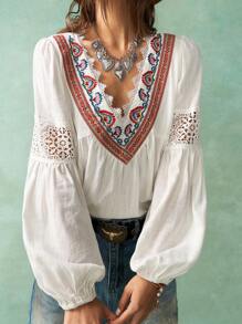 Bohemela Boho Vacation Casual Embroidery V-Neck Women Shirt