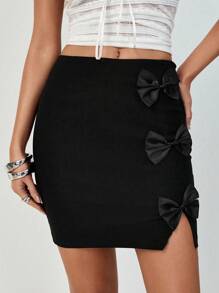 Chiquease 女士时尚蝴蝶结裹身针织裙，百搭 - 黑色 - 查看 6