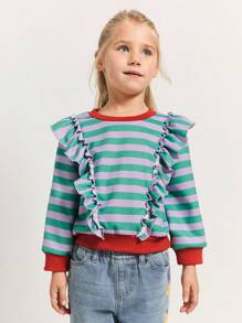 SHEIN Leap Crew Young Girls Colorblock Striped Ruffled Crew Neck Long Sleeve Sweatshirts, Fashionable & Cute Style For Autumn/Winter - Blue - View 3