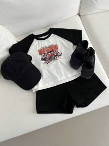 DAZY 2pcs/Set Young Boy Raglan Sleeve Print Top And Solid Shorts Set - Black and White - View 7