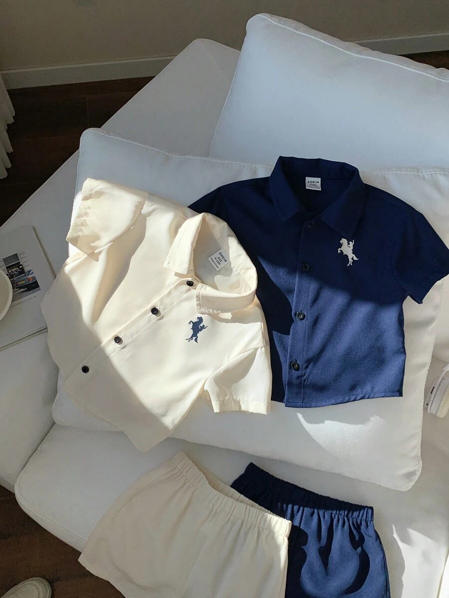 4pcs Baby Boy/Girl Summer Blue & White Contrast Animal Print Soft Knit Polo Collar Short Sleeve Cardigan Shirt & Elastic Waist Shorts Set, Suitable For Vacation, Outdoor, Home, School