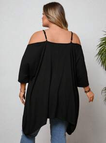 SHEIN CURVE+ Plus Size Summer Lace Collar Floral Patchwork Cold Shoulder Asymmetrical Hem T-Shirt Boho Vacation