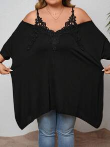 SHEIN CURVE+ Plus Size Summer Lace Collar Floral Patchwork Cold Shoulder Asymmetrical Hem T-Shirt Boho Vacation