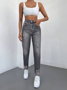 EURMUSE Jeans Mom Fit 100% algodão cintura alta rasgado - Cinza escuro - Ver 4