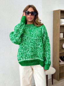SHEIN Cottnline Casual Floral Print Fuzzy Blended Fabric Drop Shoulder Loose Knit Sweater, Autumn/Winter - Green - View 3