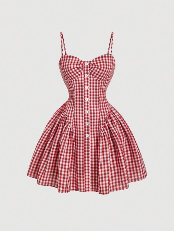SHEIN MOD Cottage Core Red And White Plaid Summer Picnic Dress,Ruched Bust,Decorative Button,High-Low Hem,Beach Vacation Outfits For Women,Country Concert,Club