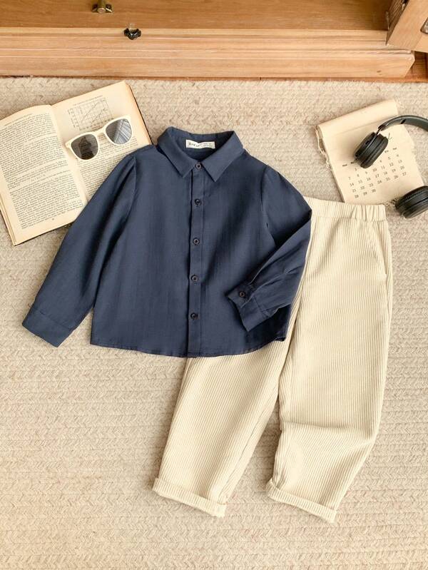 Blossori Young Boys Set de ținute 2 piese Cămașă Neagră Țesută Elegantă Franceză/Pantaloni Kaki, Primăvara/Vara