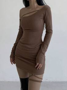 DAZY Women Solid Color Asymmetrical Collar Long Sleeve Rib Mini Dress,Fall Dress - Brown - View 9