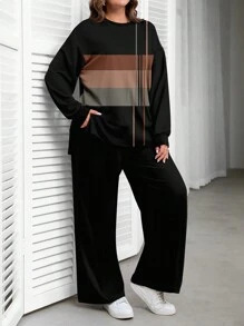 EMERY ROSE Striped Print Casual Minimalist Plus Size Sweatshirt Set, Suitable For Spring And Autumn - Multicolor - View 4