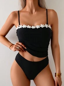 Swim Chiccia Spring Break New Fashion Elegant Black Tankini Top Tank With Ruffled Straps, 2pcs Women Fresh Swimwear Set