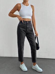 EURMUSE High Waist Slant Pocket Mom Fit Jeans - Black - View 4