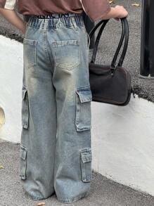 DAZY Girls' Large Pocket Decorated Denim Long Pants, Spring/Summer, Tween Girl,Back To School Clothes