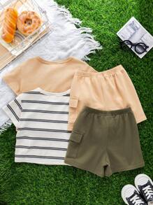 SHEIN 4 Stücke/Set buntes Baby Mädchen & Jungen Dekor-Text-Set aus Sommer Baumwoll-Strick mit Rundhalsausschnitt, Kurzarm, Drop-Shoulder und elastischer Taille Cargo Shorts, geeignet für Urlaub, Zuhause, Schule