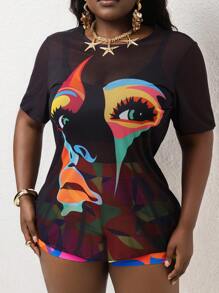 SHEIN Slayr CURVE Conjunto de tankini de talla grande para mujer con estampado abstracto de rostros de varios colores - Multicolor - Ver 3