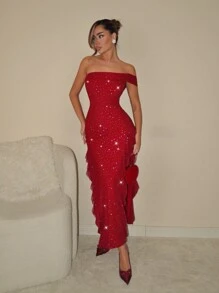 SHEIN ICON Valentine's Day Form-Fitting Asymmetric Shoulder Ruffled High Slit Detail Women Formal Red Dress For Birthday Party, For Graduation