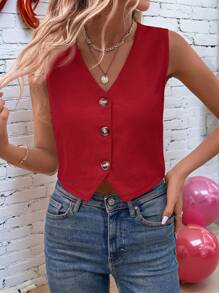 SHEIN LUNE 情人节红色衬衫新年女装红色女士开衫办公室女士简约纯色前扣背心衬衣 - 酒紅色 - 查看 4