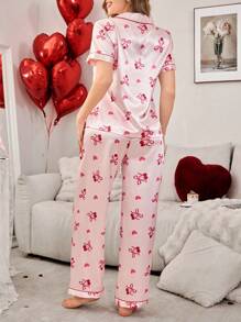 蝴蝶结樱桃印花翻领开衫女士睡衣套装，仿丝，适合情人节蝴蝶结