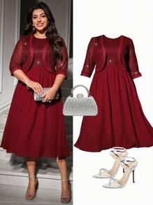 Ellevyn Ensemble 2 pièces de la Saint-Valentin, grande taille. Ensemble élégant pour femme avec veste en patchwork de sequins et de mousseline, et robe rouge à encolure ronde sans manches. Ensemble pour les rendez-vous et les fêtes, vêtements de printemps - Rouge foncé - Voir 2