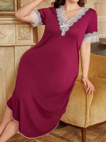 PalaceNights 大码女式休闲撞色蕾丝 V 领不对称下摆睡袍