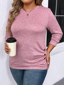 INAWLY Plus Size Button Decorated Long Sleeve T-Shirt - Pink - View 3