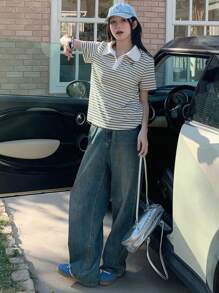 DAZY Camisetas polo de mujer a rayas de manga corta con lazo y bordado, atuendos de maestra