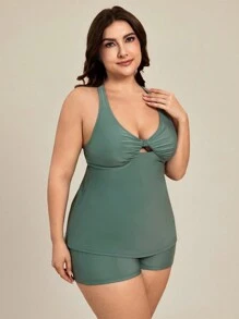 SHEIN Swim Curve Pantalones cortos de tablero de unicolor para la playa de verano, Top de bikini de espalda de nadador de talla grande ajustable