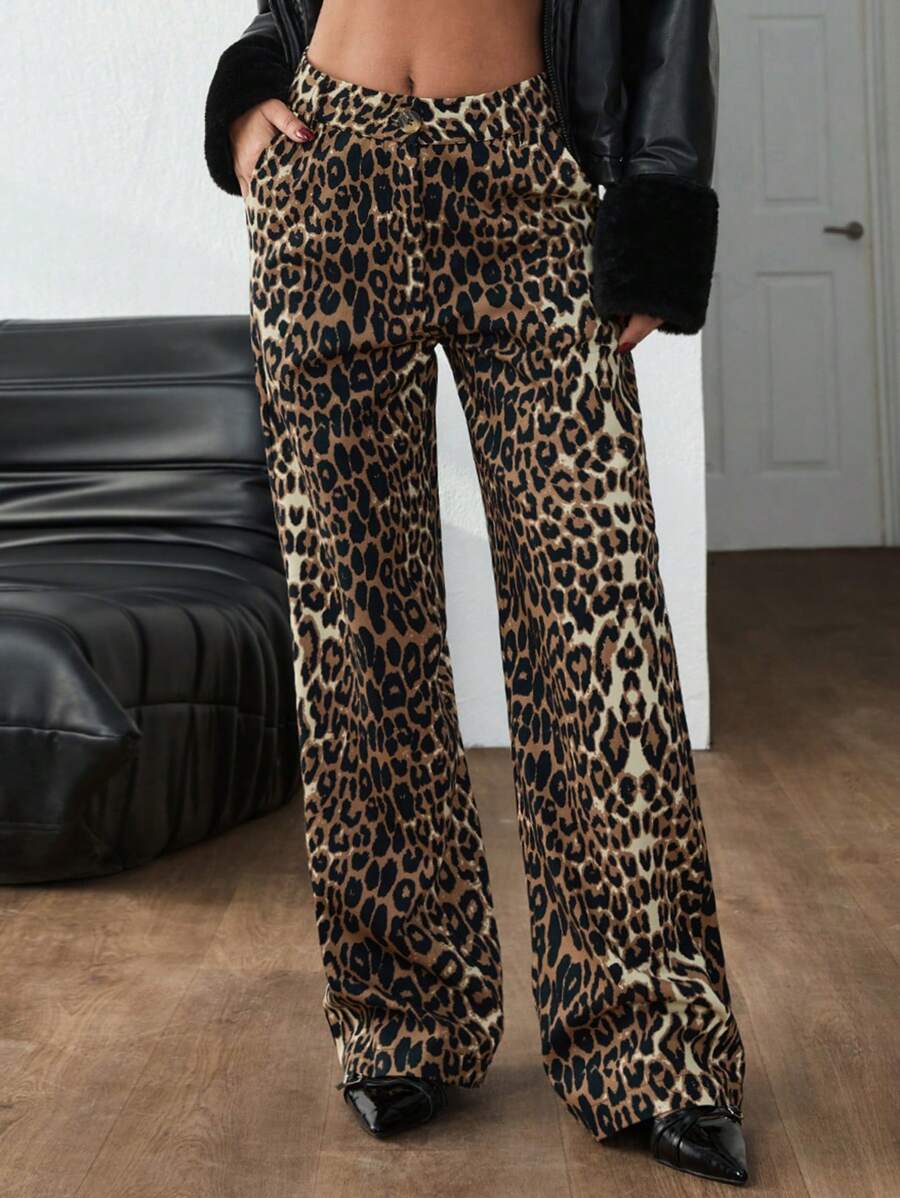 EURMUSE Front Side Pleated Leopard Print Zip Up Regular Fit Women's Pant, Leopard Is Comeback With Two Side Pocket - Multicolor - View 1
