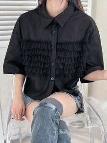 FRIFUL Women's Casual Solid Color Mesh Panel Shirt - Black - View 7