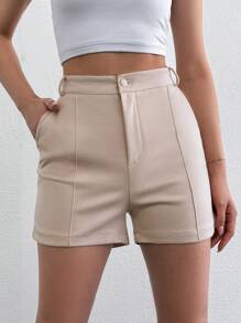 SHEIN Cottnline Tall Size Zipper Fly Seam Detail Shorts - Krem - View 3